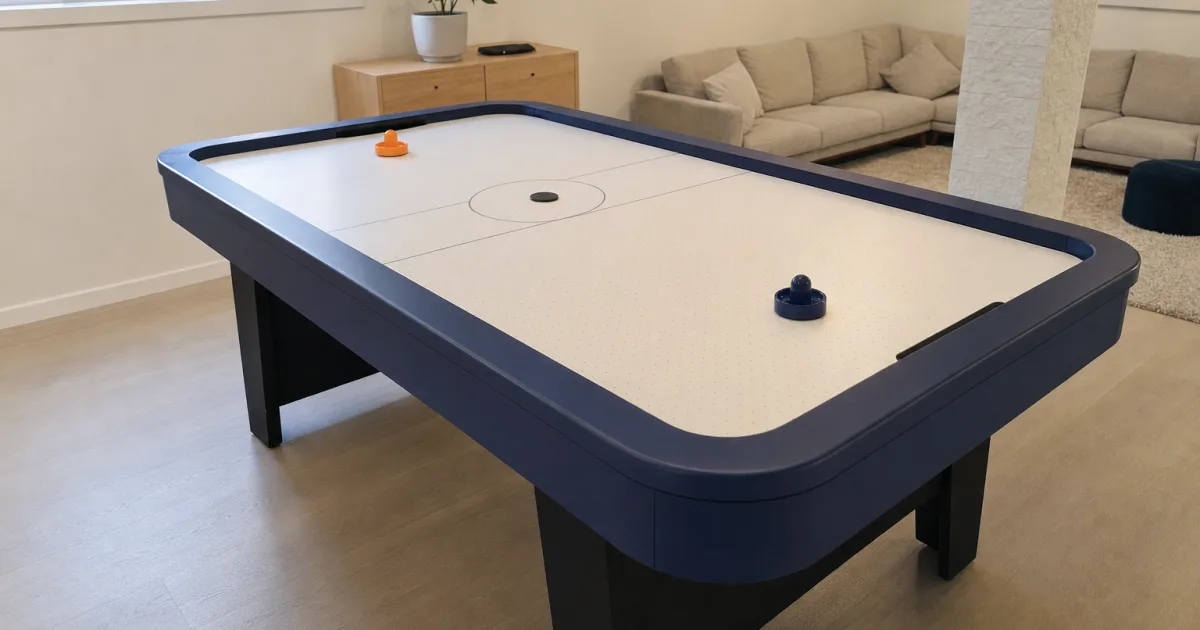 Et airhockeybord med blå bander, en orange og en blå kølle og en sort puck i et lyst rum